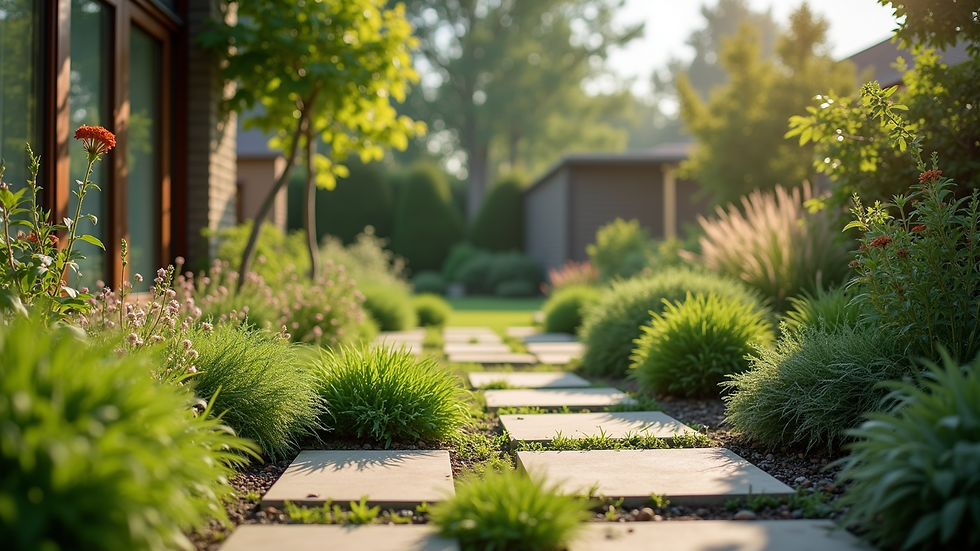Eye-level view of a sustainable outdoor garden with natural landscaping