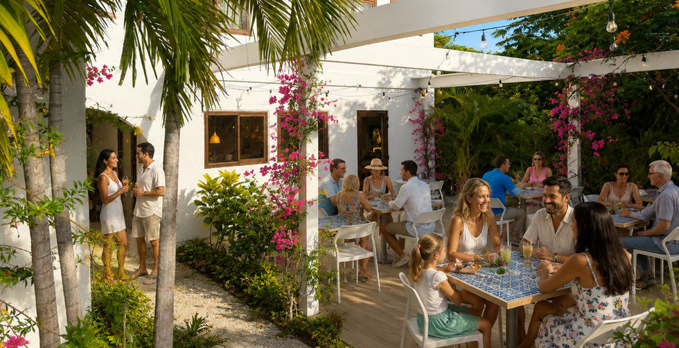 Guests dining at blue-tiled tables on a sunny outdoor resort patio framed by a white villa and tropical palm trees at The Hacienda Restaurant in Utila
