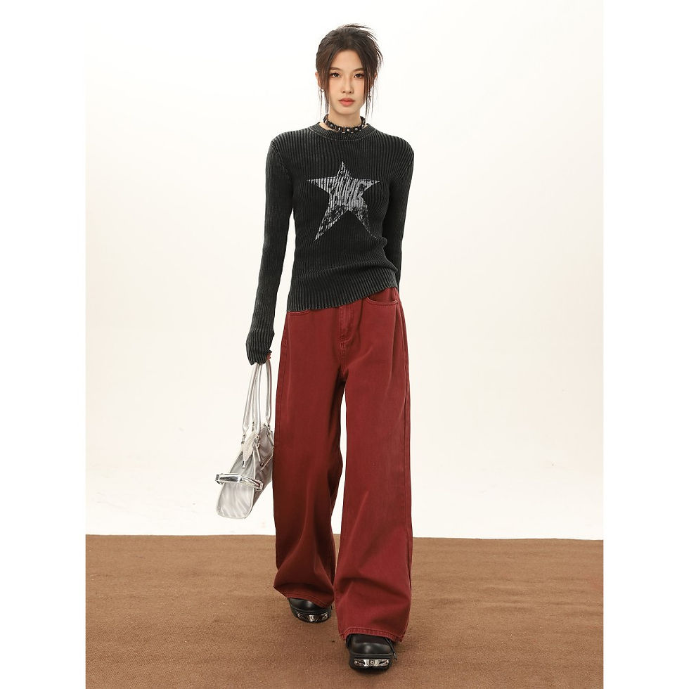 ภาพขนาดย่อ: Wine Red Wide Leg Jeans For Women In Autumn And Winter