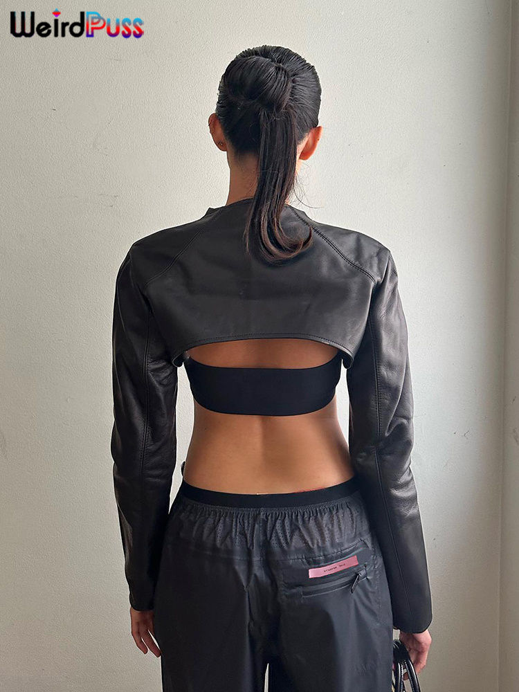 Thumbnail: Weird Puss Extra Short Women Jacket+Tube Tops Leather Stand Collar Chic Buckle