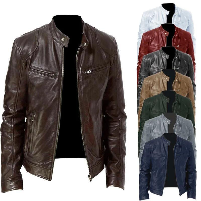 Thumbnail: Mens Motorcycle Leather Jacket Slim Fit Short-Coat Lapel PU Jackets Autumn New 
