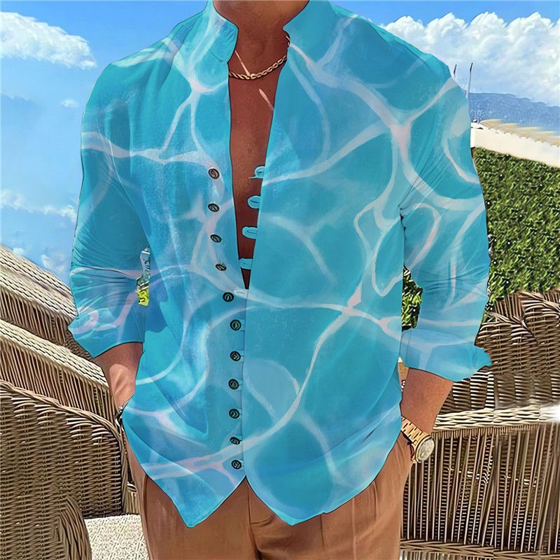 Miniatura: Men Shirts New Print Button Shirt Fashion Stand Collar Loose Fitting Men's Shir