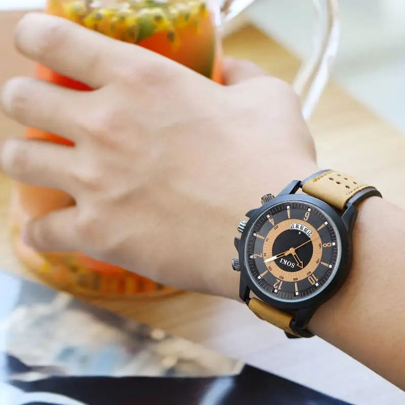 Thumbnail: Fashion Retro Mens Watches Classic Leather Strap Casual Quartz Wrist Watch for