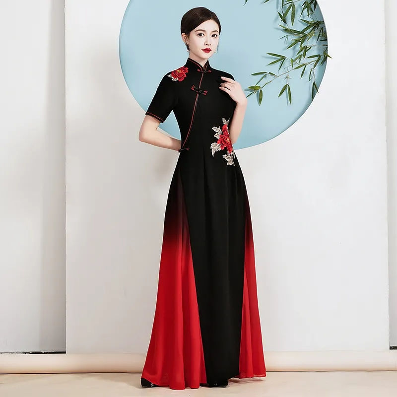Thumbnail: 2024 Ao Dai Cheongsam Folk Style Vietnam Chiffon Aodai Elegant Women Flower Emb