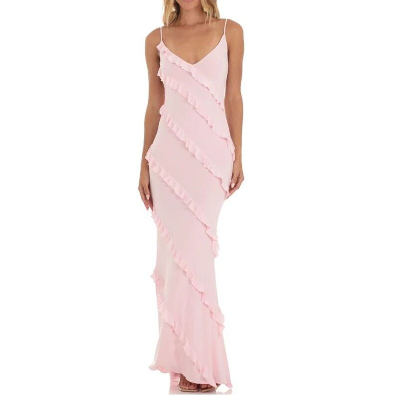 Miniaturebillede: Women's Ruffle Tiered Slip Dress Elegant Summer Fitted Bodycon Long Dress White