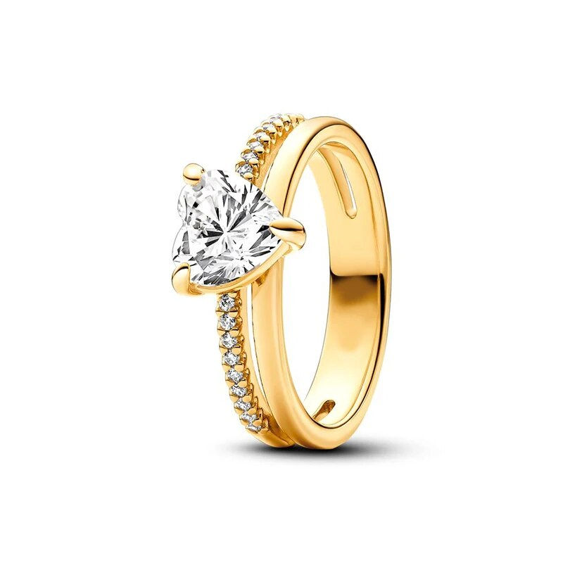 Thumbnail: 2024 New 18K Gold Plated 925 Silver Ring Zircon Sparkling Double Band Heart Fin