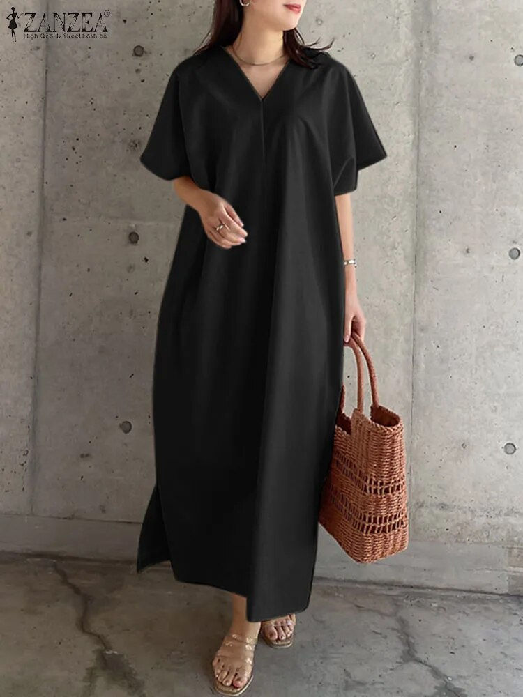 ZANZEA Summer Fashion Solid Dress Women Half Sleeve V Neck Sundress Causal Loos