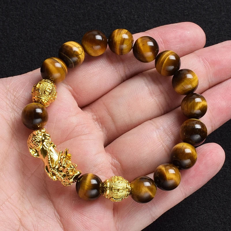 Thumbnail: Pi Xiu Tiger Eye Stone Beads Bracelet Feng Shui Yellow Power Stone Women Men El