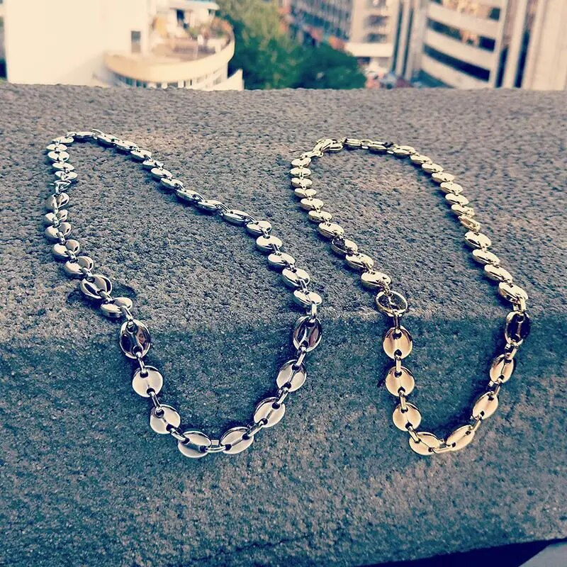 Thumbnail: Width 11MM Stainless Steel Gold Plated Coffee Beans Link Chain Necklace Bracele