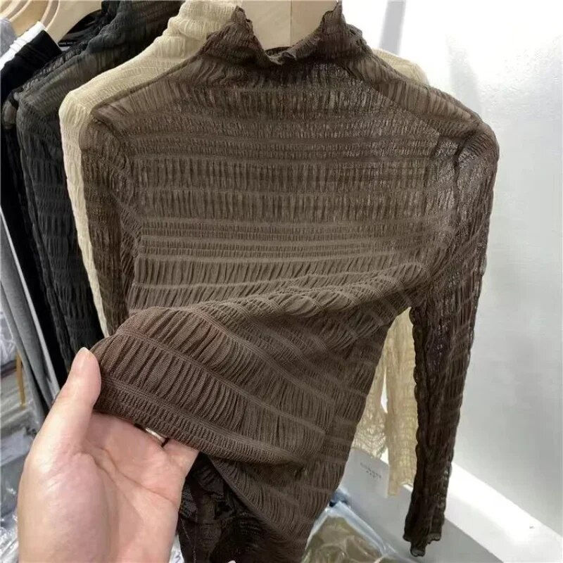 Thumbnail: New Transparent Women Lace Blouse 5 Colors Female Bottoming Blouses S-2XL Size