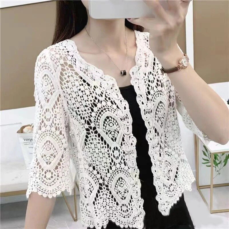 ภาพขนาดย่อ: Women Summer Knitted Lace Shrug Boho Hollow Crochet Floral 3/4 Sleeves Open Fro