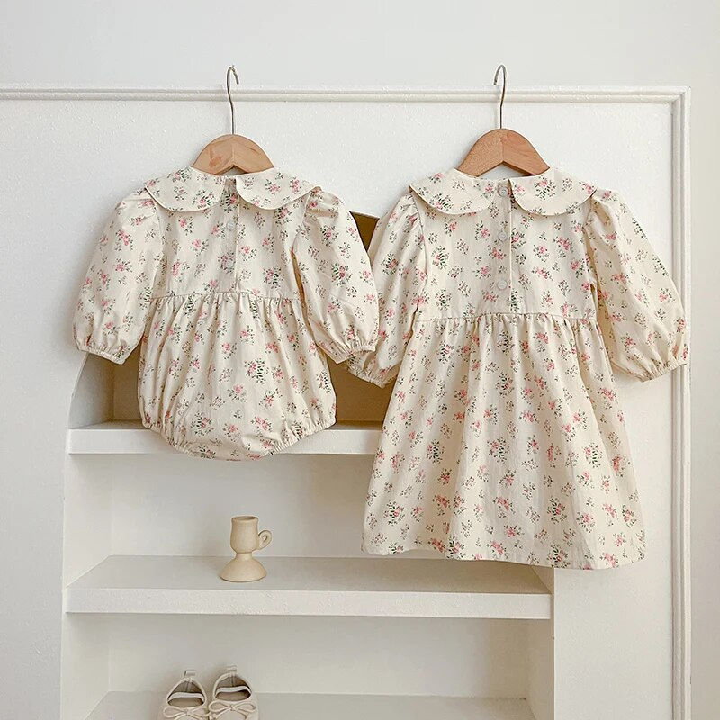 Thumbnail: Family Matching Sister Clothing Baby Girls Clothes Dress Doll Collar Floral Lon