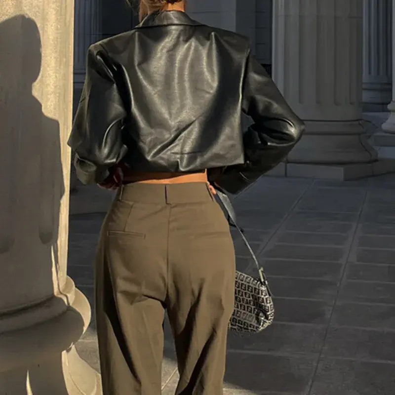 Thumbnail: Autumn Sexy Streetwear Black Leather Jacket Short For Women Slim Turn-Down Coll