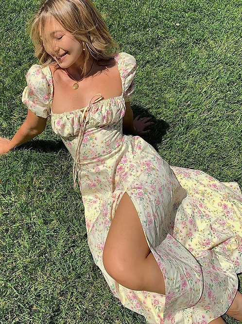 Dress Summer Fashion White Elegant Ladies Backless Clothes Puff Sleeve Floral P