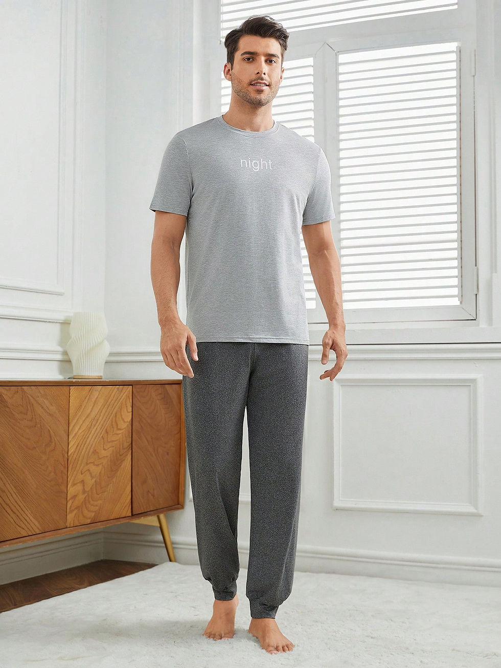 섬네일: Men's Letter Print Round Neck Short Sleeve Home Wear Top