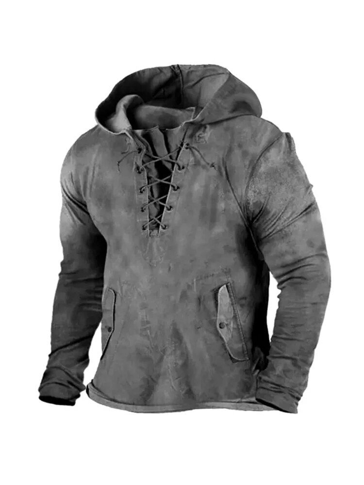 Men's Pollover Hoodie 2023 Autumn New Long Sleeve Drawstring Retro Cotton Casua