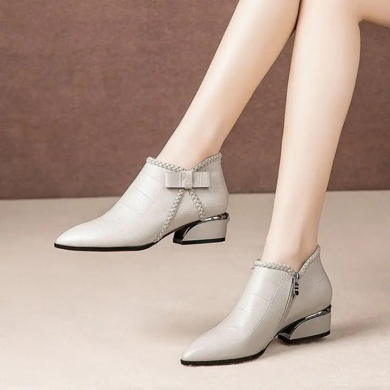 Miniature : Pointed Toe Beige Square Heel Women Boots 2024 Fashion Butterfly-knot Ankle Boo
