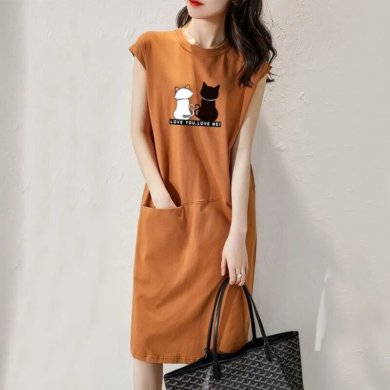 Thumbnail: Women Summer Kawaii Cat Print Dress Korean Fashion Aesthetic Clothes Casual Str