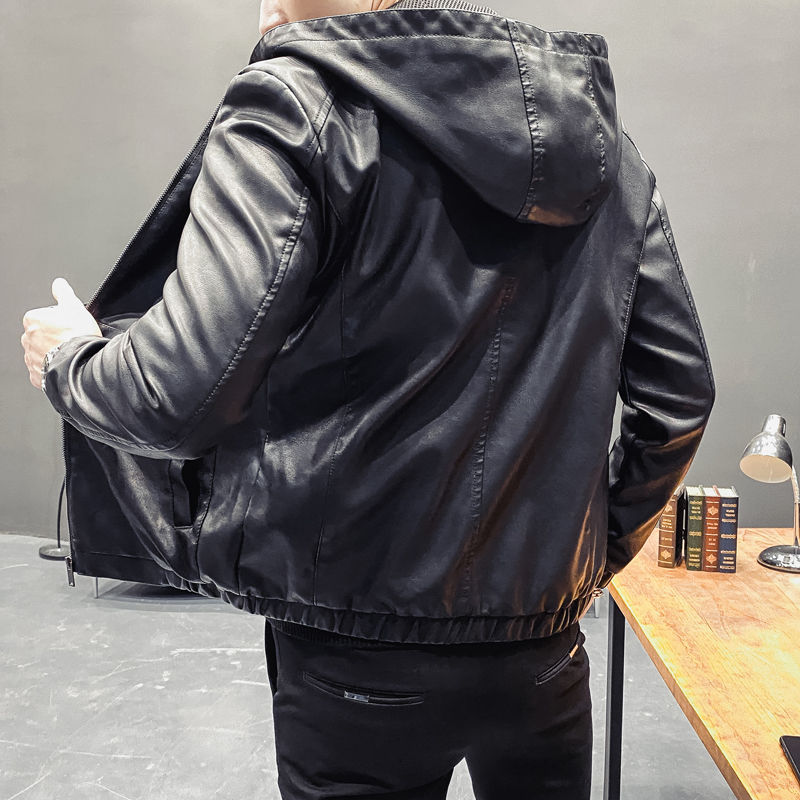Thumbnail: 2023 Hooded Plus Fleece Biker Leather Jacket Men Fur Coat Motorcycle PU Casual