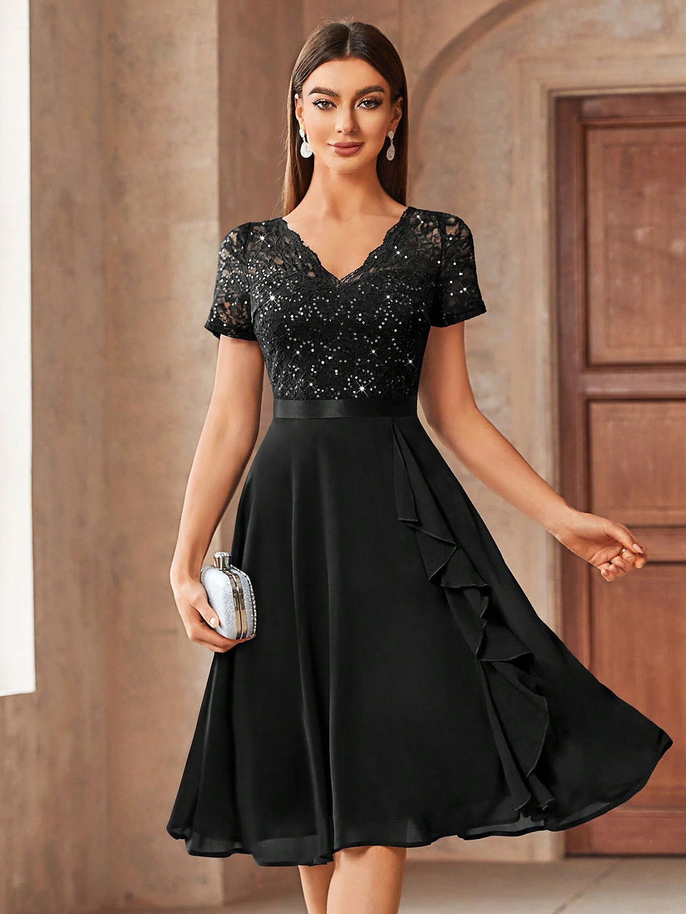 Thumbnail: MIUSOL V-Neck Contrast Lace Sequin Insert Ruffle Trim Chiffon Cocktail Party Sw
