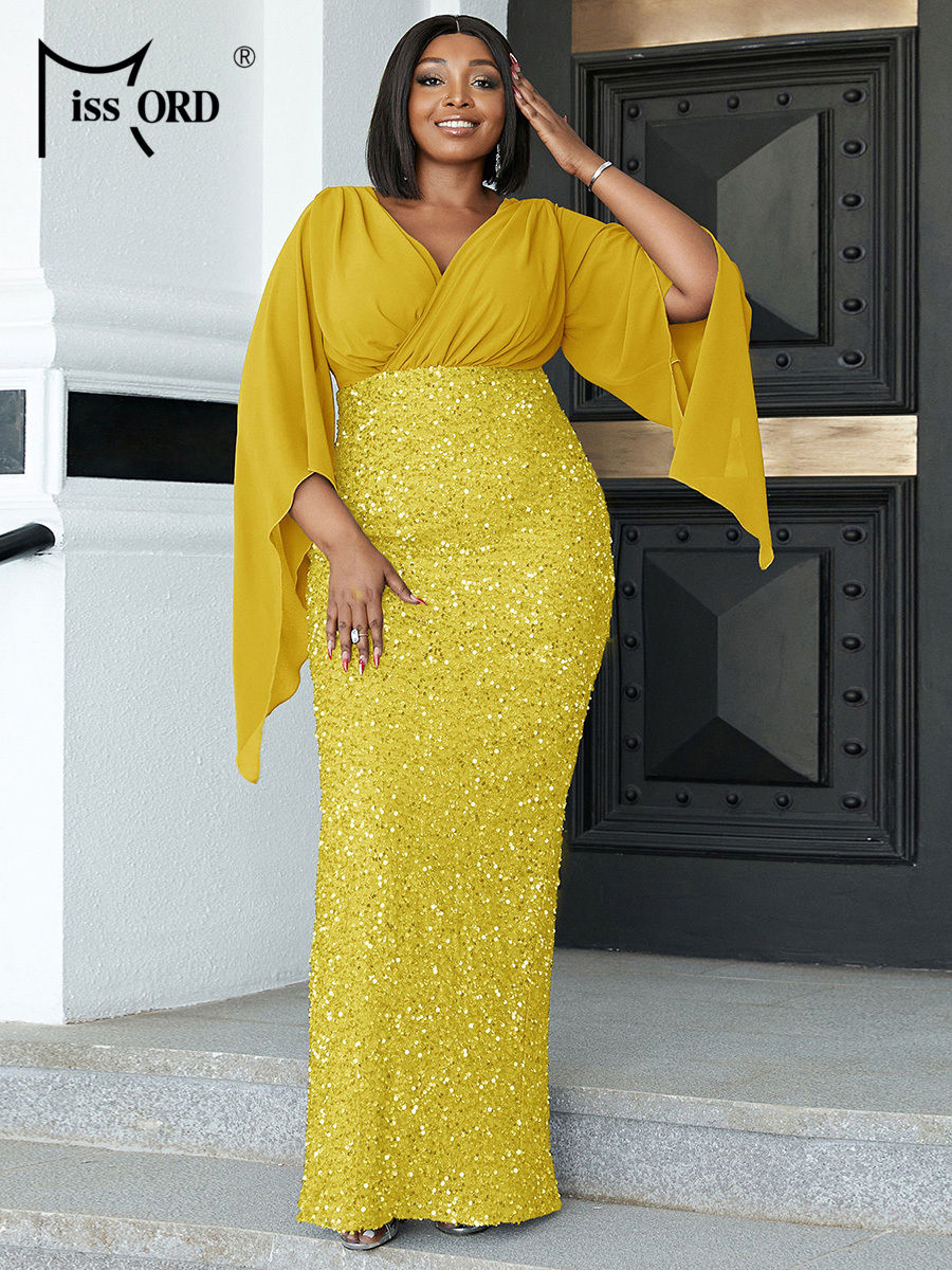Miniatura: Missord Yellow Sequin Plus Size Wedding Party Dress Elegant Women V Neck Flare 
