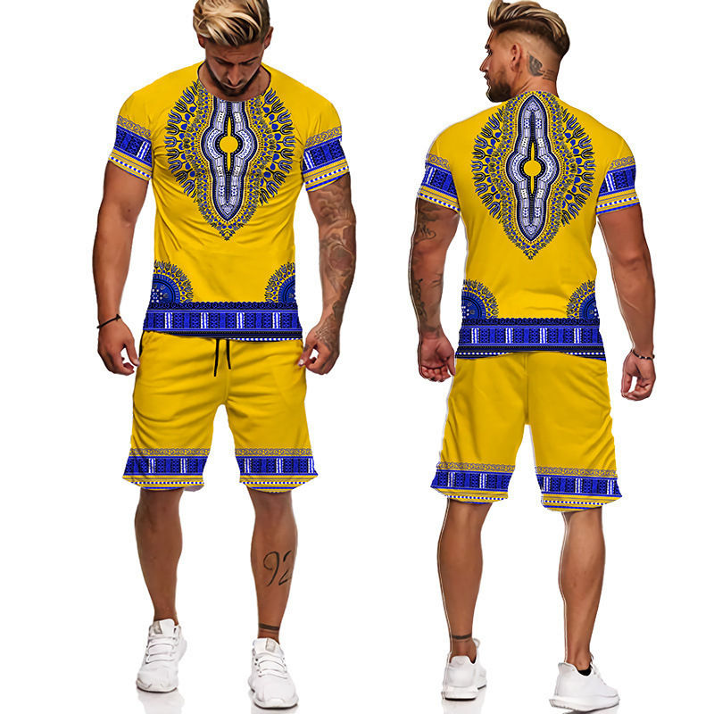 Thumbnail: Summer African Ethnic Style Print Men's T Shirt+Shorts 2PCS Outfits Casual Shor