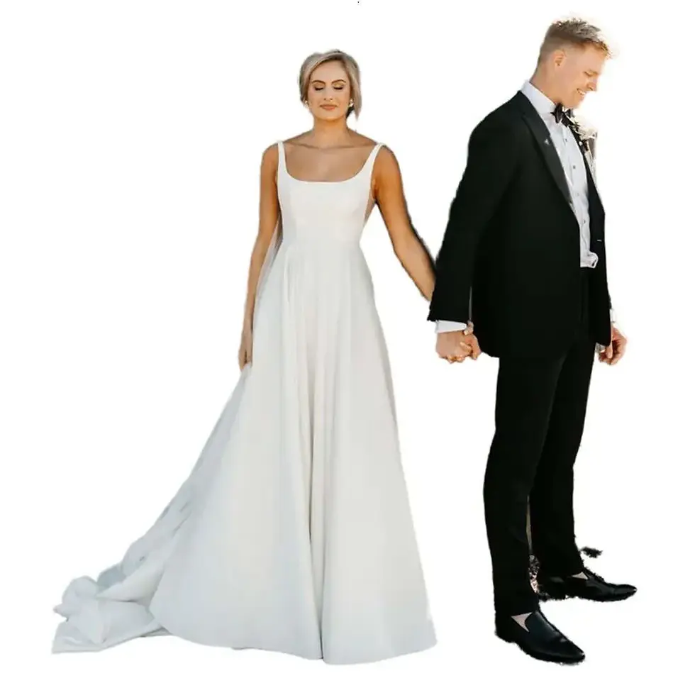 Thumbnail: Satin Wedding Straps A Simple Dresses Long Sweep Train Sleeveless Backless Summ