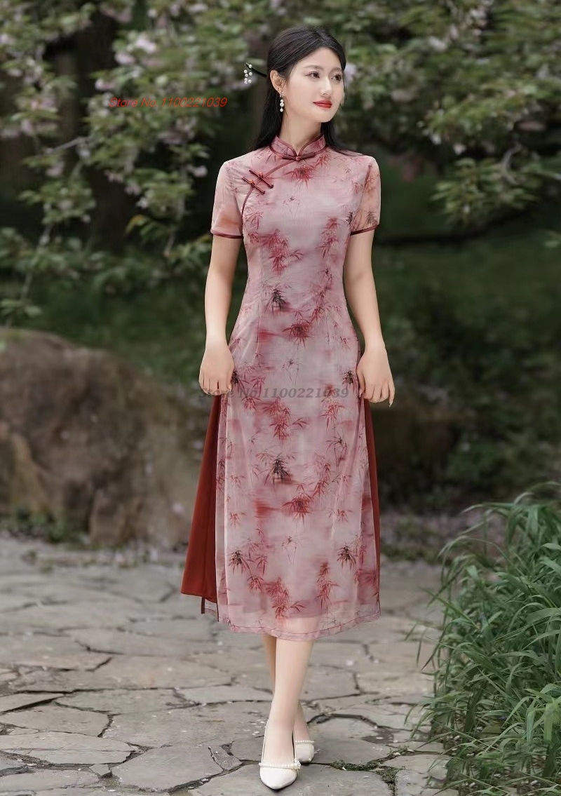 Miniatura: 2024 chinese improved qipao national flower print vietnam ao dai dress traditio