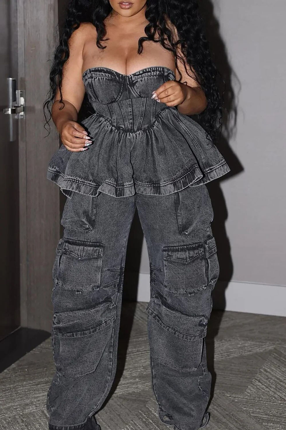 Miniatura: Women's Washed Denim Casual Two-Piece Set 2024 Spring Fashionable Plus Size Bla