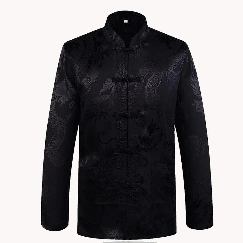 Thumbnail: Brand Designer Chinese Traditional Men's Satin Mandarin Collar Dragon Silk Tang