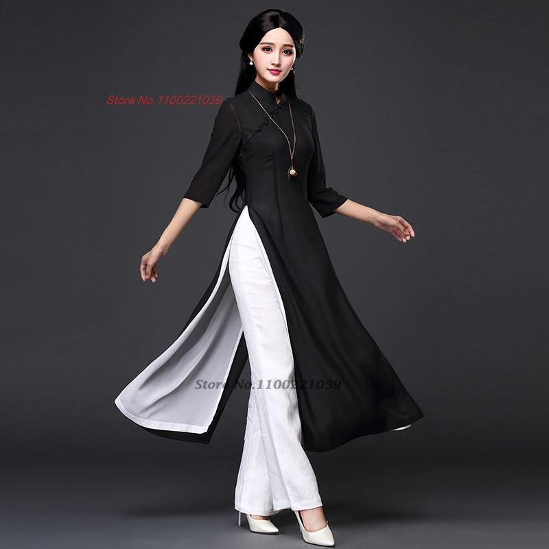 2024 traditional folk style aodai dress+pants set vietnam chiffon aodai elegant