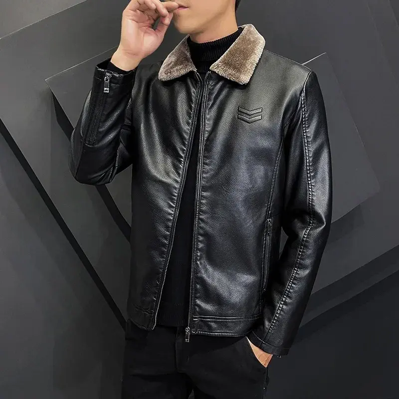 Miniatura: New Thick Brown Leather Jacket Mens Winter Autumn Men's Jacket Fashion Faux Fur