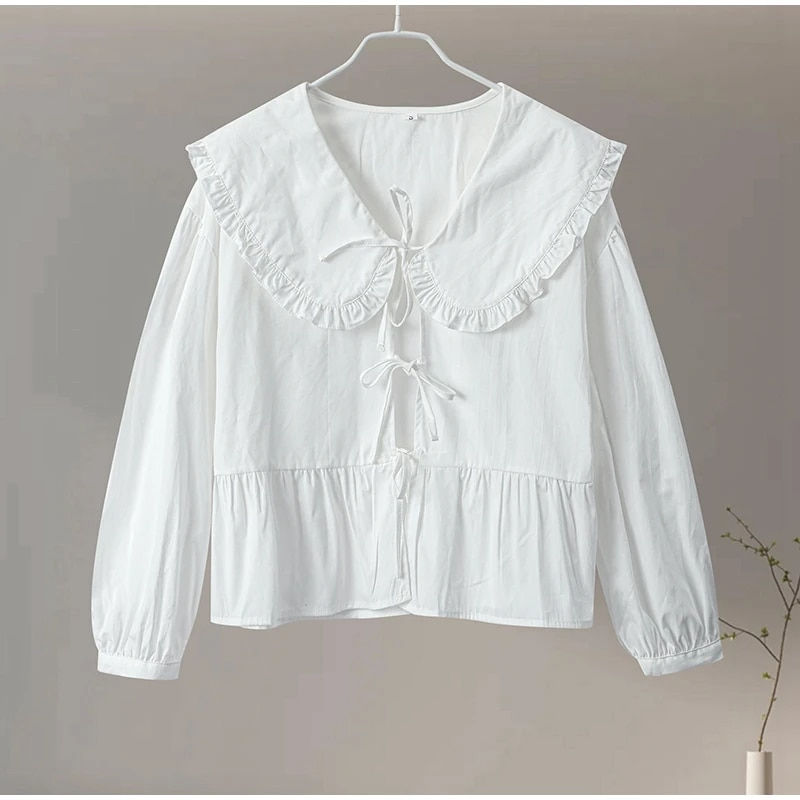 Thumbnail: Sweet Doll Collar Shirts Women Loose Lantern Sleeve Waveselvedge Lace Up Blouse