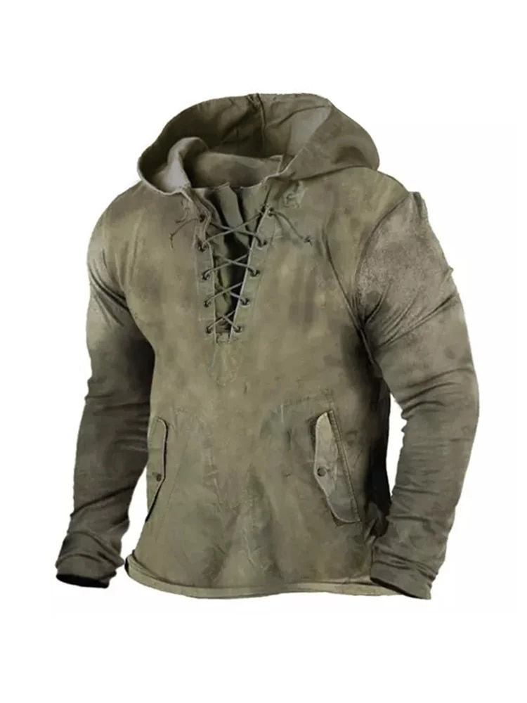 Miniatura: Men's Pollover Hoodie 2023 Autumn New Long Sleeve Drawstring Retro Cotton Casua