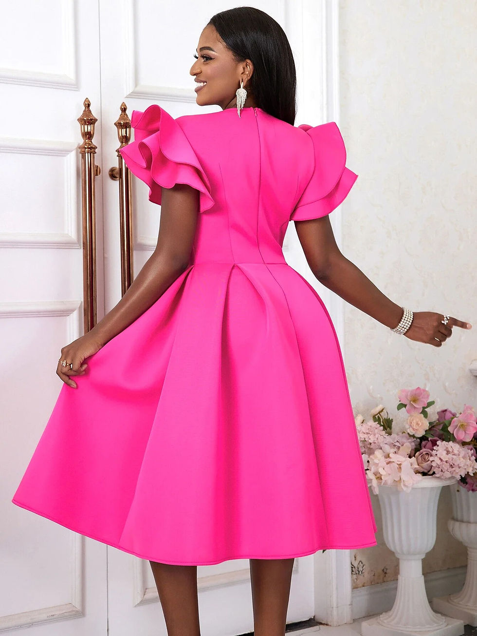 Thumbnail: Women A Line Party Dresses Sweetheart Flying Sleeve Flowy Swing Dress Formal Bi