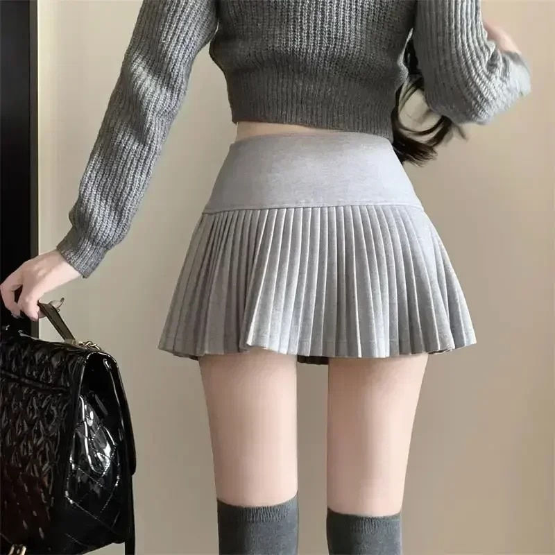 Thumbnail: HOUZHOU Woolen Pleated Skirt Women Korean Cute Cute High Waist A-line Patchwork