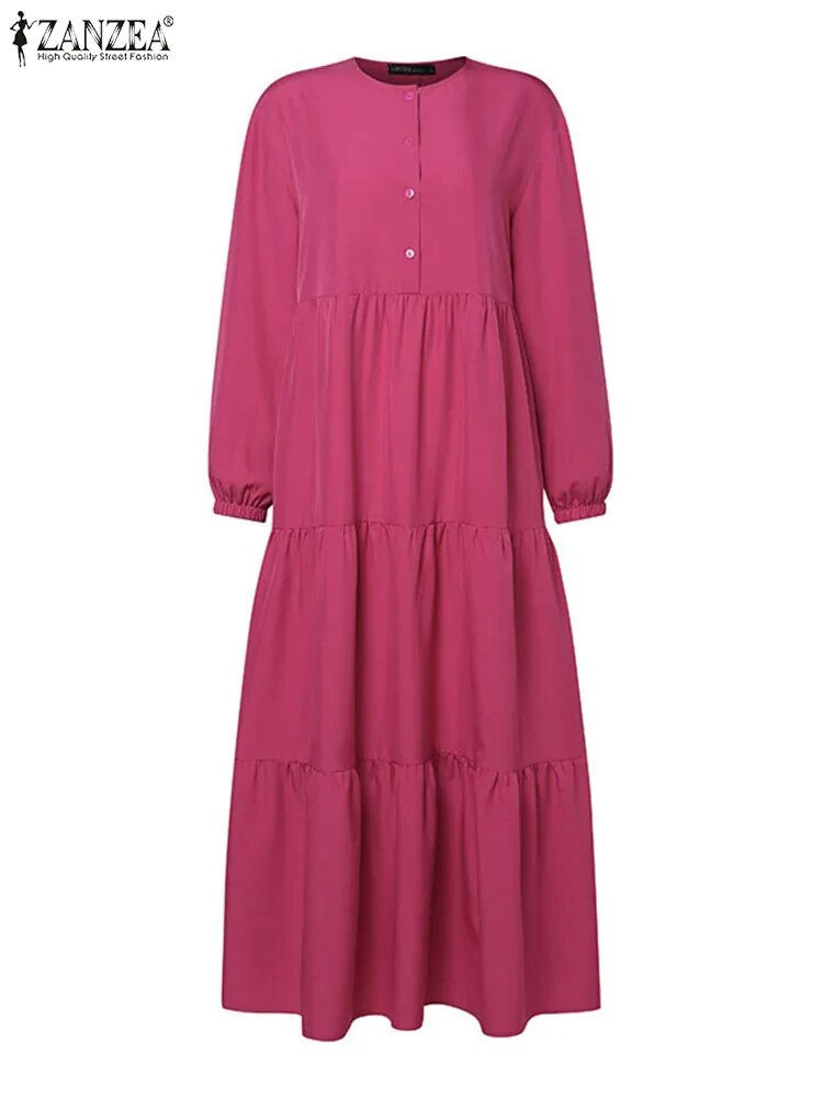 Thumbnail: ZANZEA Women Muslim Abaya Long Dress Fashion Long Sleeve Solid Ruffles Kaftan S