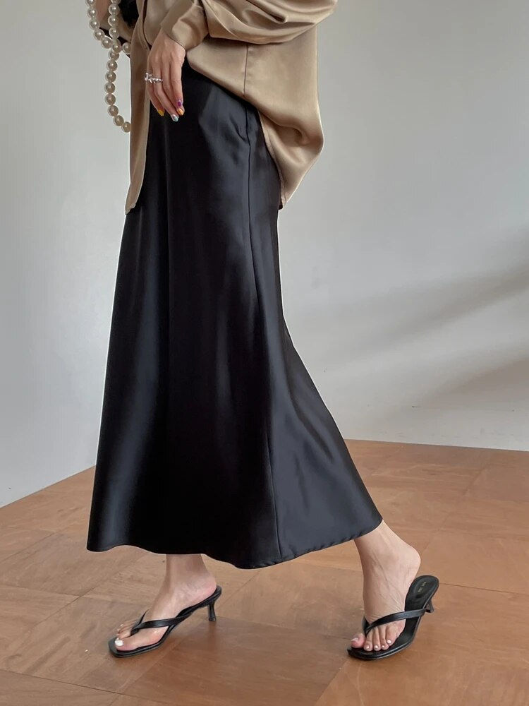 Miniatura: Silk Satin Skirts for Women Korean Style Champagne Office High Waist A-line Ski
