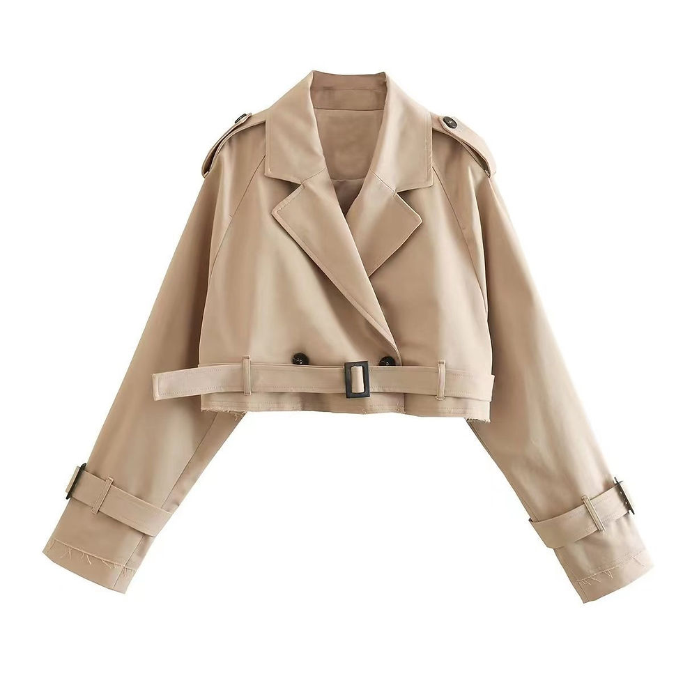 Thumbnail: Women Fashion Belt Cropped Coat Long Sleeve Turn Down Collar Short Jacket Vinta