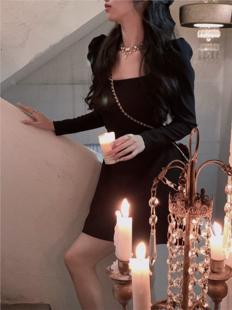 Thumbnail: 2023 Spring New Elegant Square Collar Midi Party Dress  For Women Long Sleeve B