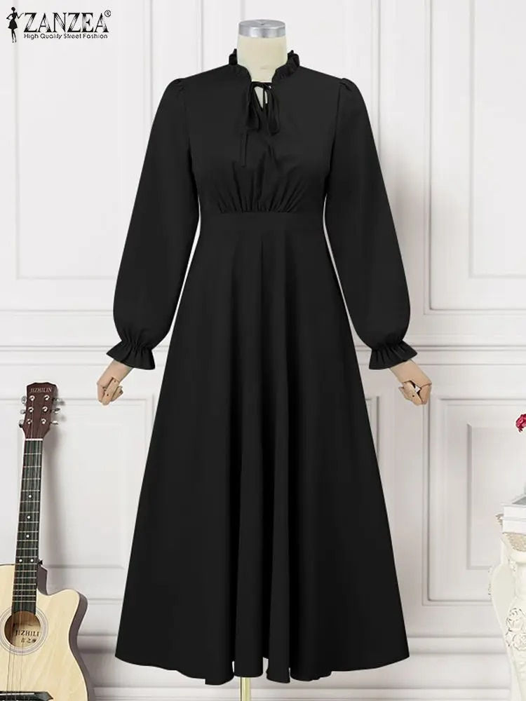 Sīktēls: ZANZEA Women Big Swing  A-line  Long Dress Hollow Out Bandage Neck Robe 2024 Au