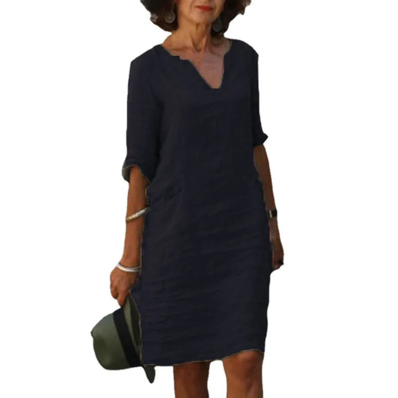 Thumbnail: Vintage Women Solid Mini Dress Summer Fashion V-neck Three Quater Sleeve Cotton