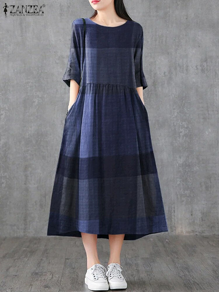 Küçük resim: Womens 2023 Summer Midi Dress Female Vintage Plaid Check Vestido Casual Cotton