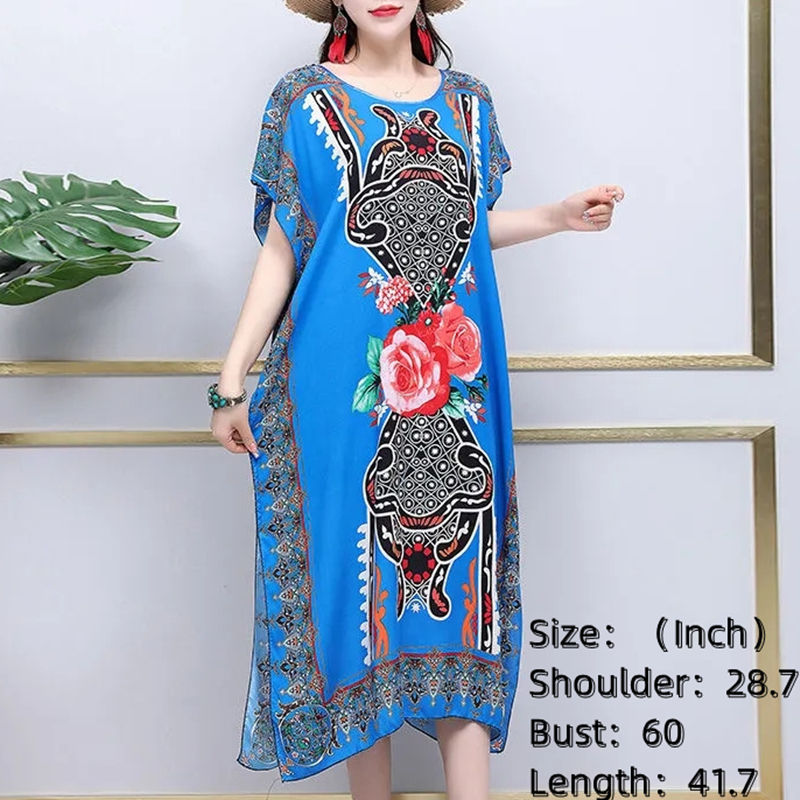 Thumbnail: Elegant Retro Women's O-Neck Straight H Dress Ethnic Printed Short Batswing Sle