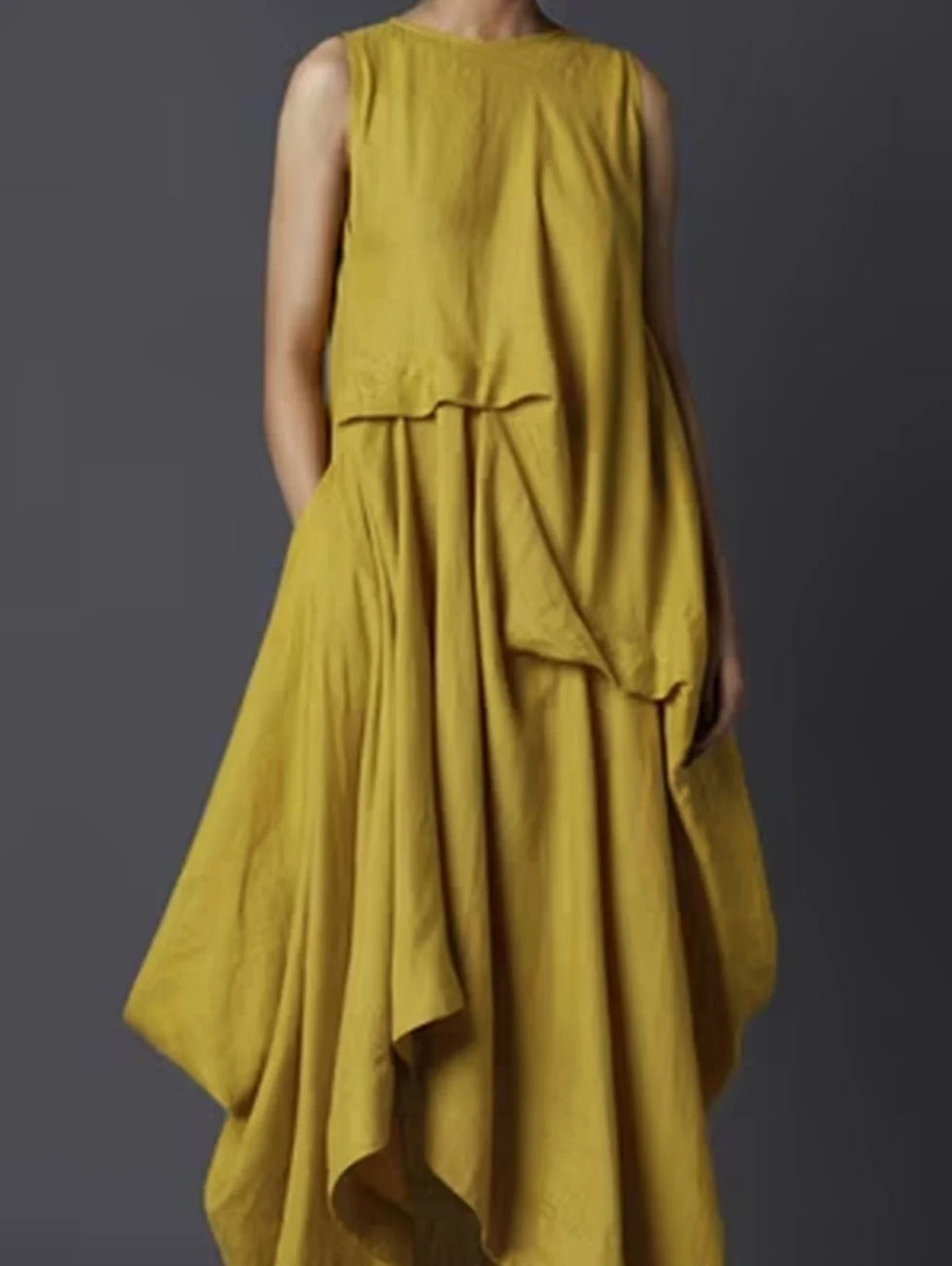 Miniatura: Women's Tank Dress Pleated Pockets Vintage Asymmetric Hem Long Dress Solid Mini