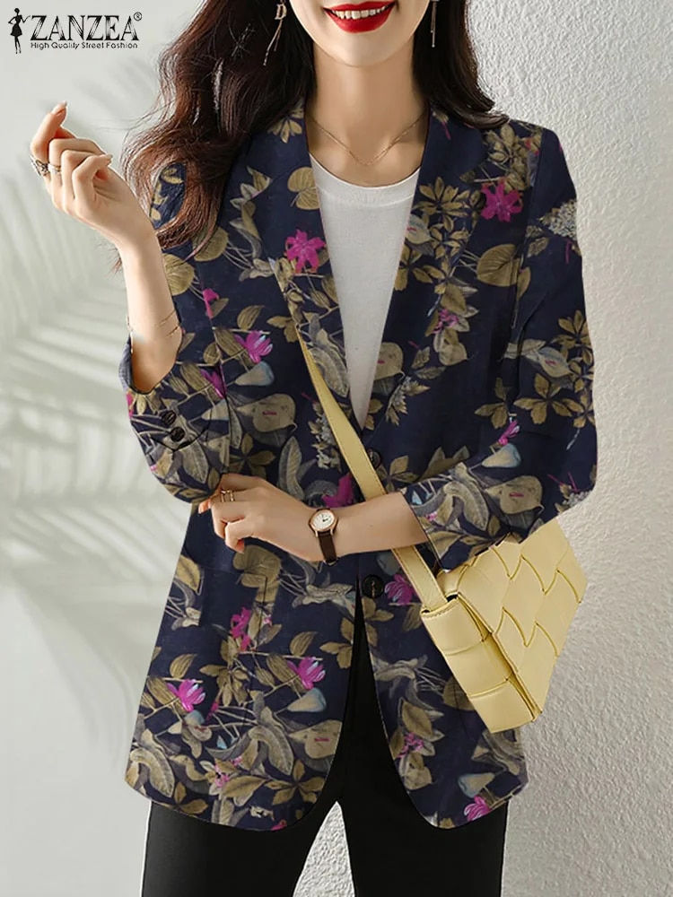 Thumbnail: Women Autumn Blazer Retro Printed Coats Casual Long Sleeve Floral Outerwear ZAN
