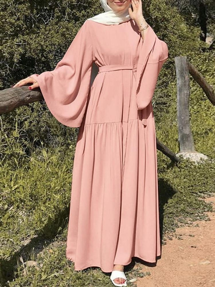 Thumbnail: 2023 Muslim Fashion Leisure Flared Sleeves with Belt Long Dresses Muslim Dress
