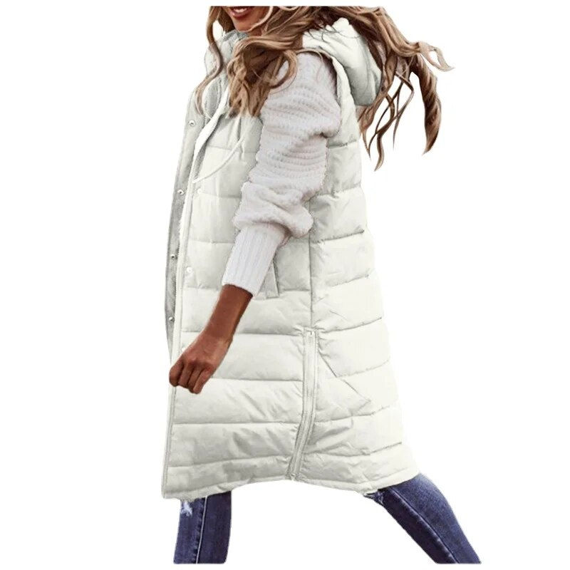 Thumbnail: Women's Long Coat Vest With Hood Autumn Winter Sleeveless Warm Cotton Down Coat