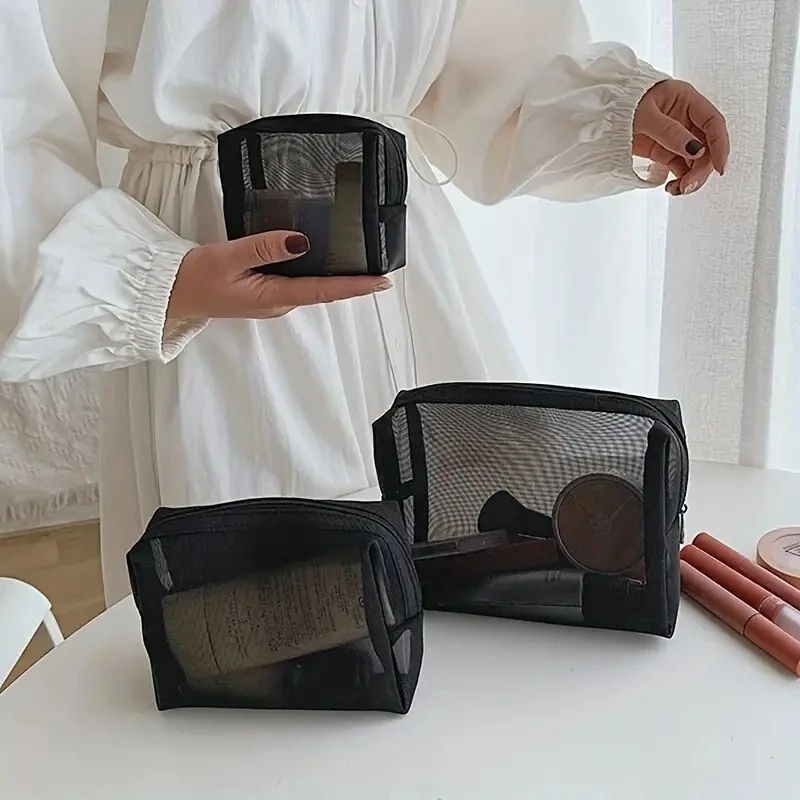 Thumbnail: 1/3pcs Mesh Clear Cosmetic Bags Small Large Black Makeup Bag Portable Travel To