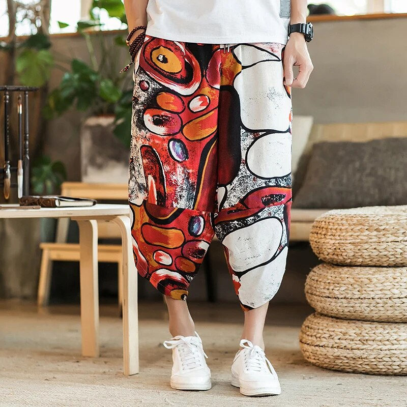 Thumbnail: Harajuku Summer Loose Calf Length Casual Pants Men Wide Leg Cotton Linen Printi